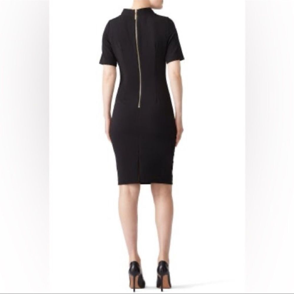 Badgley Mischka Black Turnlock Sheath Dress – Short Sleeve, High Neck – Size 2 - Picture 2 of 7